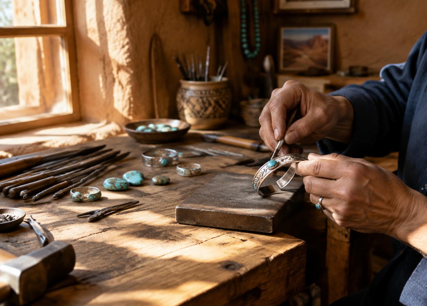 A silversmith’s hands working a cuff at a sunlit studio bench